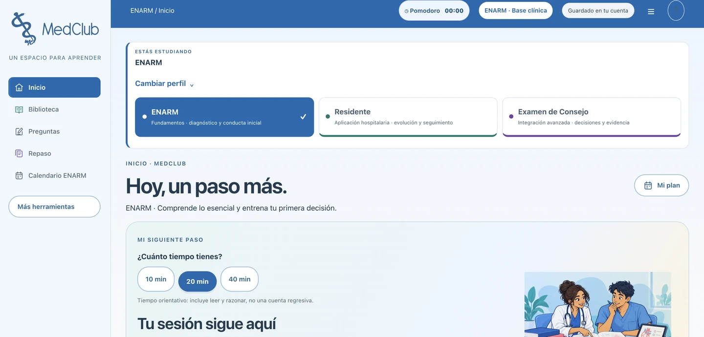 Vista real del inicio ENARM: selección de perfil y Mi siguiente paso